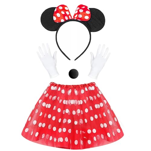 Damen Maus Mouse Kostüm, 4 Stück Maus Kostüm, Schwarz Maus Ohren Haarreif mit Rote Schleife, Rote Tutu mit Weiß Gepunktet, Handschuhe, Nase, Faschingskostüme Damen, für Karneval Cosplay Party (4) Damen Maus Mouse Kostüm, 4 Stück Maus Kostüm, Schwarz Maus Ohren Haarreif mit Rote Schleife, Rote Tutu mit Weiß Gepunktet, Handschuhe, Nase, Faschingskostüme Damen, für Karneval Cosplay Party (4) von HBWHNIU