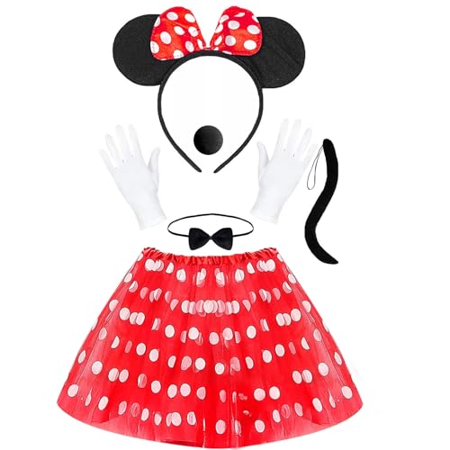Damen Maus Mouse Kostüm, 6 Stück Faschingskostüme Damen, Schwarz Maus Ohren Haarreif mit Rote Schleife, Rote Tutu mit Weiß Gepunktet, Handschuhe, Nase, Fliege Schleife, Schwanz, für Karneval Party (6) Damen Maus Mouse Kostüm, 6 Stück Faschingskostüme Damen, Schwarz Maus Ohren Haarreif mit Rote Schleife, Rote Tutu mit Weiß Gepunktet, Handschuhe, Nase, Fliege Schleife, Schwanz, für Karneval Party (6) von HBWHNIU
