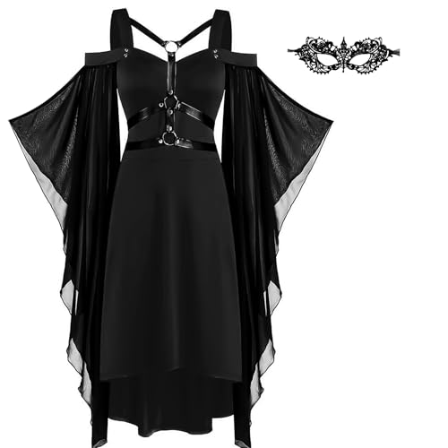 Gothic Kleid, Damen Vintage Mittelalter Kleidung, mit Spitzenaugenklappe, Renaissance Partykleid, Schwarz Kleider mit Schulterfrei Mesh Trompetenärmeln Gebundene Taille für Halloween Karneval (M) von HBWHNIU