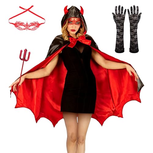 HBWHNIU 4 Stück Vampir Umhang, Teufel Kostüm Damen, Kapuzenumhang Schwarz Rot Doppelseitig, mit Teufelsgabel, Spitzenaugenklappe, Spitzenhandschuhen, Für Halloween Karneval Kostüm HBWHNIU 4 Stück Vampir Umhang, Teufel Kostüm Damen, Kapuzenumhang Schwarz Rot Doppelseitig, mit Teufelsgabel, Spitzenaugenklappe, Spitzenhandschuhen, Für Halloween Karneval Kostüm von HBWHNIU