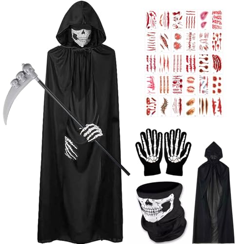 HBWHNIU Sensenmann Kostüm, Halloween Sensemann Umhang Set mit Schädelmaske, Sense, Handschuhe und 30 Aufkleber, Halloween Kostüm Sensenmann, für Halloween Party Dekoration Cosplay, Karneval HBWHNIU Sensenmann Kostüm, Halloween Sensemann Umhang Set mit Schädelmaske, Sense, Handschuhe und 30 Aufkleber, Halloween Kostüm Sensenmann, für Halloween Party Dekoration Cosplay, Karneval von HBWHNIU