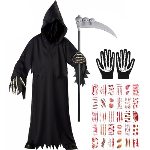 HBWHNIU Sensenmann Kostüm für Erwachsene, Grim Reaper Costume für Halloween, mit Maske, Handschuhen, Sense, 30 Aufkleber, Halloween Kostüm Sensenmann, für Karneval Halloween Cosplay HBWHNIU Sensenmann Kostüm für Erwachsene, Grim Reaper Costume für Halloween, mit Maske, Handschuhen, Sense, 30 Aufkleber, Halloween Kostüm Sensenmann, für Karneval Halloween Cosplay von HBWHNIU