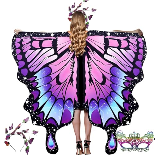 Schmetterling Kostüm Damen, Schmetterling Umhang Erwachsene, 3 Stück Schmetterlingsflügel Set, mit Schmetterling Haarreif, Spitze Masken, Faschingskostüme Damen, für Karneval, Fasching, Party (B) Schmetterling Kostüm Damen, Schmetterling Umhang Erwachsene, 3 Stück Schmetterlingsflügel Set, mit Schmetterling Haarreif, Spitze Masken, Faschingskostüme Damen, für Karneval, Fasching, Party (B) von HBWHNIU