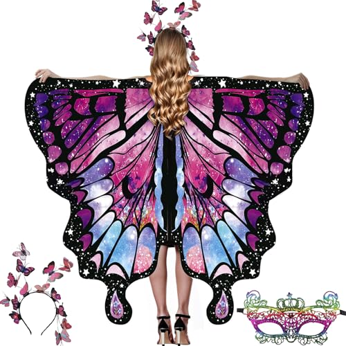 Schmetterling Kostüm Damen, Schmetterling Umhang Erwachsene, 3 Stück Schmetterlingsflügel Set, mit Schmetterling Haarreif, Spitze Masken, Faschingskostüme Damen, für Karneval, Fasching, Party (D) Schmetterling Kostüm Damen, Schmetterling Umhang Erwachsene, 3 Stück Schmetterlingsflügel Set, mit Schmetterling Haarreif, Spitze Masken, Faschingskostüme Damen, für Karneval, Fasching, Party (D) von HBWHNIU