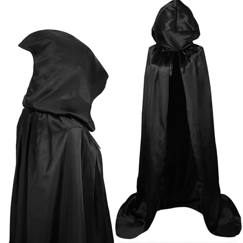 HBWHNIU Schwarzer Umhang Mit Kapuze, Unisex Halloween Umhang, Cape Kostüm Vampir Umhang, Satin Cape Umhang, Lange Kapuzenumhang für Cosplay Halloween Kostüm (M) von HBWHNIU