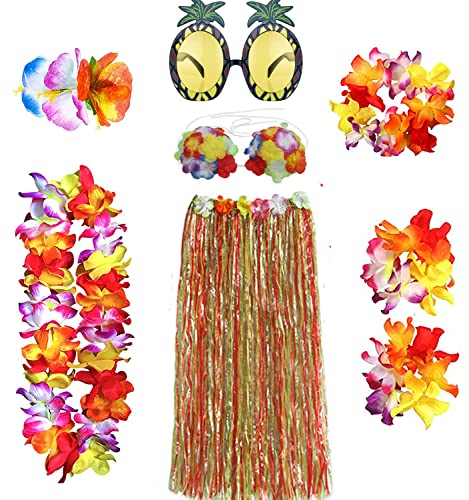 HBell 8-teiliges Hawaii-Hula-Rock-Kostüm, Hawaii-Grasrock, Hawaii-Leie, Blumen-Bikinioberteil, Ananas-Set für Erwachsene, Kostüm-Zubehör, Luau-Party, Strand, tropische Party-Dekorationen (bunt) von HBell