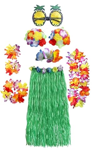 HBell 8-teiliges Hawaii-Hula-Rock-Kostüm, Hawaii-Grasrock, Hawaii-Leie, Blumen-Bikinioberteil, Ananas-Set für Erwachsene, Kostüm-Zubehör, Luau-Party, Strand, tropische Party-Dekorationen (grün) von HBell