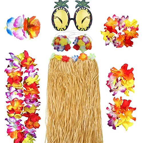HBell 8-teiliges Hawaii-Hula-Rock-Kostüm, Hawaii-Grasrock, Hawaii-Leie, Blumen-Bikinioberteil, Ananas-Set für Erwachsene, Kostüm-Zubehör, Strand, tropische Party-Dekorationen (Strohfarben) von HBell