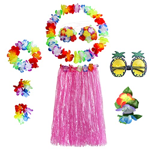 HBell 8-teiliges hawaiianisches Hula-Rock-Kostüm-Set, hawaiianischer Grasrock, Hawaii-Leis, Blumen-Bikini-Oberteil, Ananas-Brille für Erwachsene, Sommerstrand, tropische Party-Dekorationen (rosa) von HBell