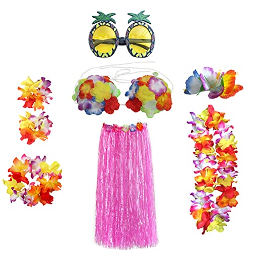 HBell 8-teiliges hawaiianisches Hula-Rock-Kostüm-Set, hawaiianischer Grasrock, Hawaii-Leis, Blumen-Bikinioberteil, Sommerstrand, tropische Party-Dekorationen (rosa) von HBell