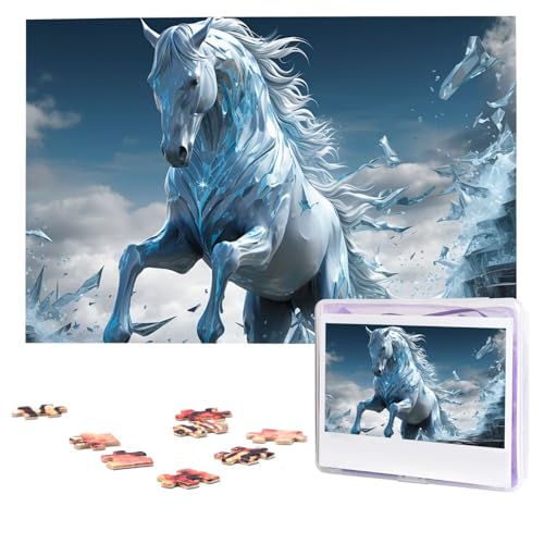 Blue Ice Horse Puzzles 1000 Teile Personalisierte Puzzles Fotos Puzzle für Erwachsene Herausforderndes Bilderpuzzle mit Aufbewahrungstasche Puzzles für Männer Frauen Heimdekoration (74,9 x 50 cm) von HCLYvexiria