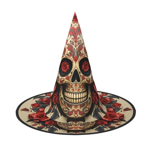 HCLYvexiria Hexenhüte Halloween Kegel Zauberer Hut Rote Rose Zuckerschädel Hexenhüte Halloween Hut Kostüm Cosplay von HCLYvexiria