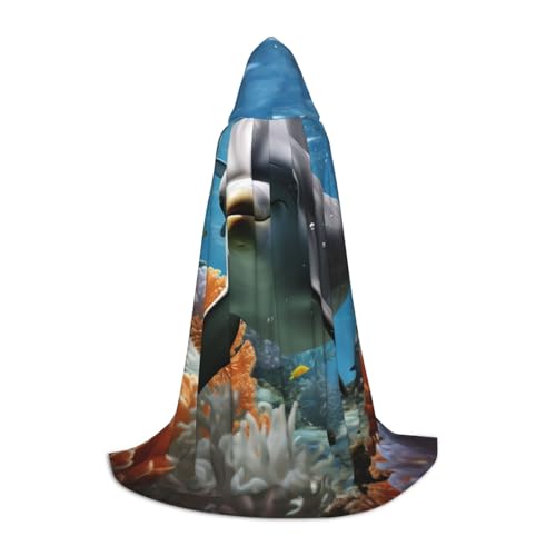 HCLYvexiria Kapuzenumhang Uni Halloween Kapuzenumhang Delfin im Korallenriff Kapuzenmantel Halloween Umhang Cosplay Kostüme von HCLYvexiria