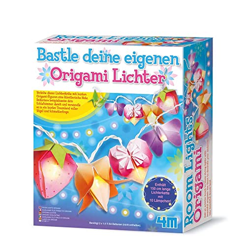 4M Origami Lichterkette Bastelset für Kinder – DIY Papierlampen zum Selberfalten mit Kranichen, Herzen, Blumen und Schmetterlingen von HCM Kinzel