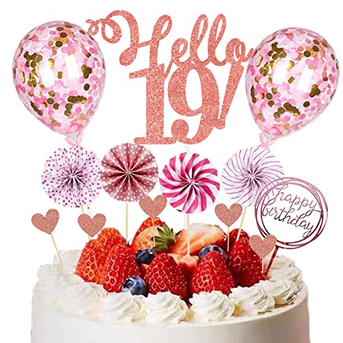 HCRXVV 19.Tortendeko Geburtstag Mädchen Rosa 19 Happy Birthday Tortendeko Cake Topper mit Papierfächer für 19th Geburtstag Party Kuchen Deko Rosa(12Stück) von HCRXVV