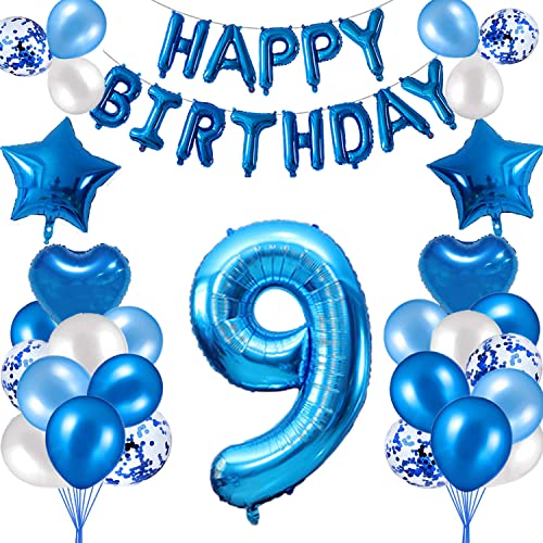 HCRXVV 9. Geburtstag Dekoration Blau 9 Jahr Jungen Geburtstagsdeko Set,Blaue Happy Birthday Girlande Banner Folienballon Jungen Party Deko Geburtstag Party für Wohnzimmer,Luftballons Zahl 9 Blau von HCRXVV