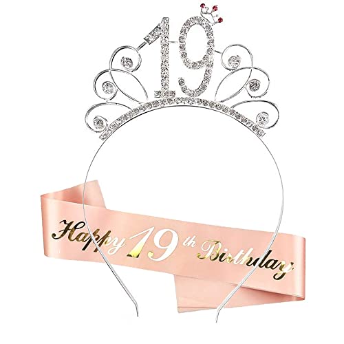 HCRXVV 19.Geburtstagskrone Schärpe Junggesellinnenabschied Set für 19 jahre Geburtstag Mädchen Deko,Kristall Kronen Haar-Zusätze Roségold Geschenk für Birthday Girl Kinder Frau Erwachsene von HCRXVV