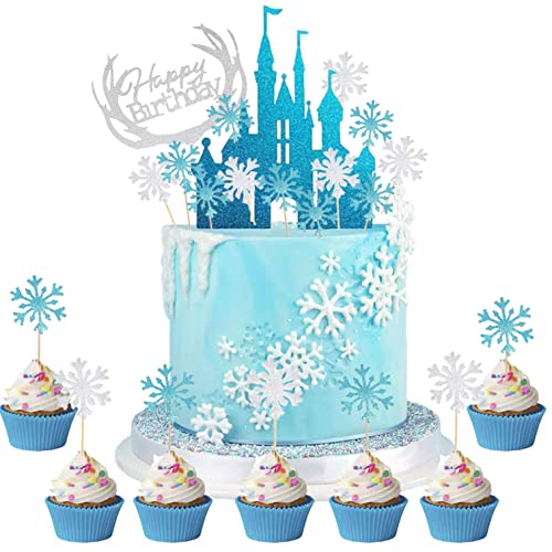 HCRXVV Schloss Tortendeko Mädchen,Frozen Glitter Geburtstagsdeko mit Schneeflocke Tortenfigur,Ice Blue Silber Cup Cake Topper für Kinder Weinachtsdekorationen Tortenaufleger Weihnachten Kuchen Deko von HCRXVV