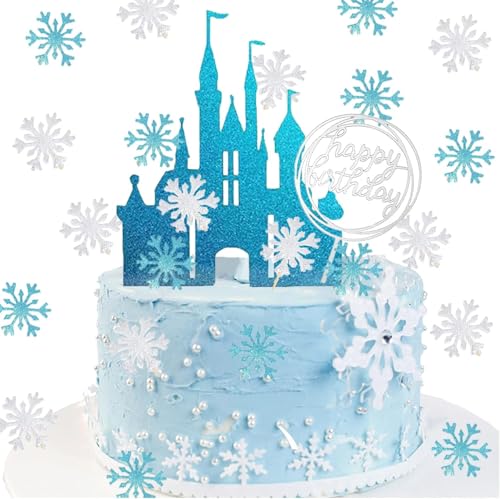 HCRXVV Schloss Tortendeko Prinzessin Cake Topper,Frozen Schneeflocken Geburtstagsdeko mit Schloss,Eiskönigin Blue Kuchen Topper für Kinder Mädchen,Weihnachten Silber Schneeflocken Deco Hochzeit Torte von HCRXVV