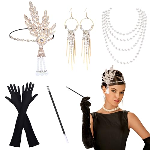HCSSZ 20er Jahre Kostüm Accessoires Damen,1920er Flapper Great Gatsby Accessoires Set mit Stirnband, Handschuhen, Halskette,Ohrringe für Karneval Halloween HCSSZ 20er Jahre Kostüm Accessoires Damen,1920er Flapper Great Gatsby Accessoires Set mit Stirnband, Handschuhen, Halskette,Ohrringe für Karneval Halloween von HCSSZ