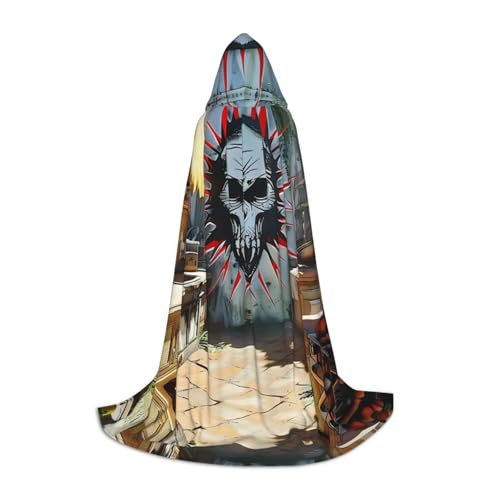 HCVXBSA Geisterhafter Cartoon-Totenkopf-Umhang mit Kapuze, für Männer und Frauen, Zauberer-Umhang, langlebig, bequem, langer Umhang für Halloween, Cosplay, Partys, Größe L von HCVXBSA
