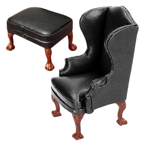 Couch der Puppenhaus Couch mit Fußschemel 1/12 Skala Single Dollhouse Sofa Holz Miniatur Stuhl Vintage Accessoires für Hauszimmerszene Schwarz von HDBHSBE