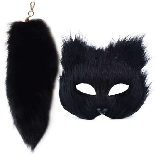 HDBHSBE Katzenmaske und Therian Tail Set Pelry Fox Maske & 16 '' Long Fox Tail Keychain Halbgesicht Maskerade für Cosplay Fancy Party Schwarz Pelz HDBHSBE Katzenmaske und Therian Tail Set Pelry Fox Maske & 16 '' Long Fox Tail Keychain Halbgesicht Maskerade für Cosplay Fancy Party Schwarz Pelz von HDBHSBE