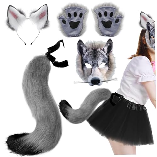 HDBHSBE Wolf Maske mit Wolfspoten & Ohren und Heckset Realistic Pelry Kostüm DIY Dekorative Kostüme für Halloween Masquerade Cosplay Paws von HDBHSBE