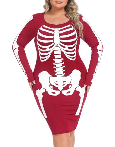 HDE Plus Size Skelett Kleid Halloween Kostüm Stretchy Langarm Minikleid Rot - 1X von HDE