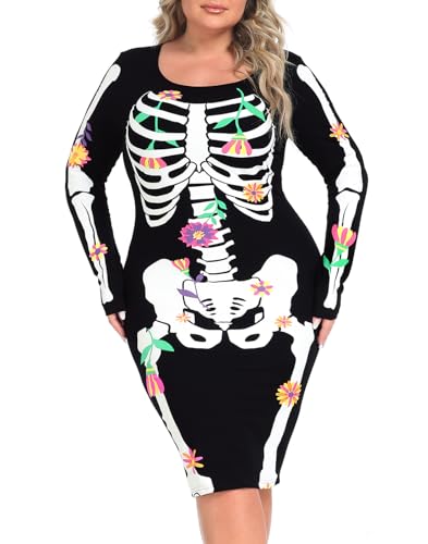HDE Skelettkleid in Übergröße, Halloween-Kostüm, dehnbar, langärmelig, Minikleid, Tag der Toten, Blumenmuster - 2X von HDE