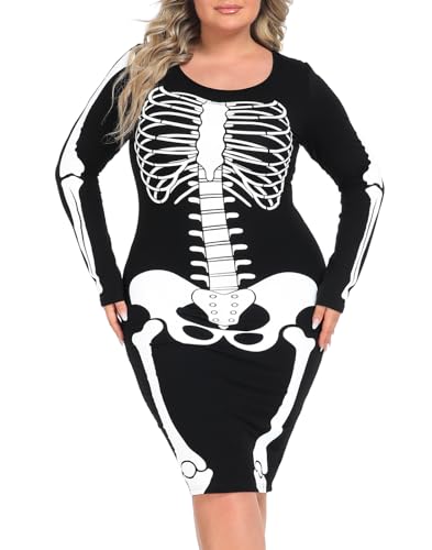 HDE Skelettkleid in Übergröße, Halloween-Kostüm, dehnbar, langärmelig, Minikleid, volles Skelett vorne und hinten – 2X von HDE