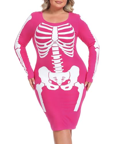 HDE Übergröße Skelett Kleid Halloween Kostüm Dehnbar Langarm Minikleid Hot Pink - 3X von HDE