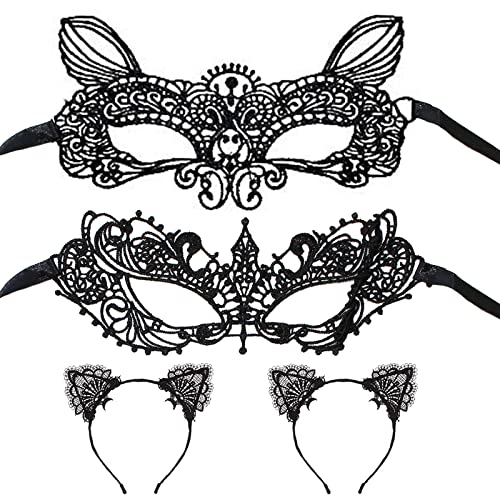 HDKAJL 4-Teilige Maskerade Maske, Katzenohren und Maske, Spitzen-Augenmaske, sexy Maske, für Männer, Frauen, Party, Ball, Kostüm, Cosplay, Halloween-Maske von HDKAJL