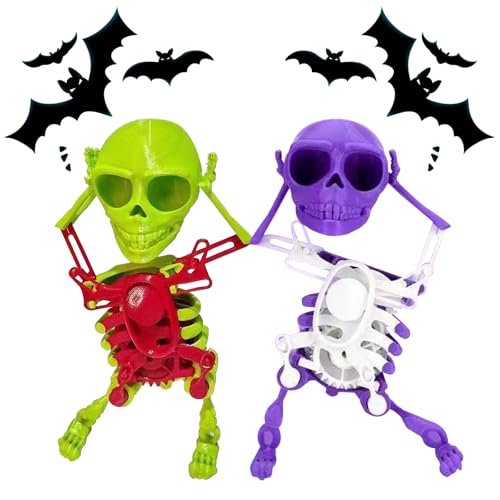 HDQQEU Aufziehspielzeug Halloween 3D Tanzendes Skelett, Lustig Wind Up Figur, Totenkopf Uhrwerk Spielzeug Zur Schreibtischdekoration Und Zum Stressabbau (Grün+ Lila) von HDQQEU