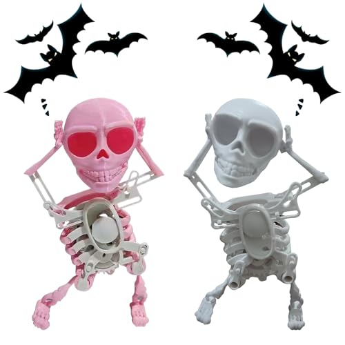HDQQEU Aufziehspielzeug Halloween 3D Tanzendes Skelett, Lustig Wind Up Figur, Totenkopf Uhrwerk Spielzeug Zur Schreibtischdekoration Und Zum Stressabbau (Rosa+Weiß) von HDQQEU