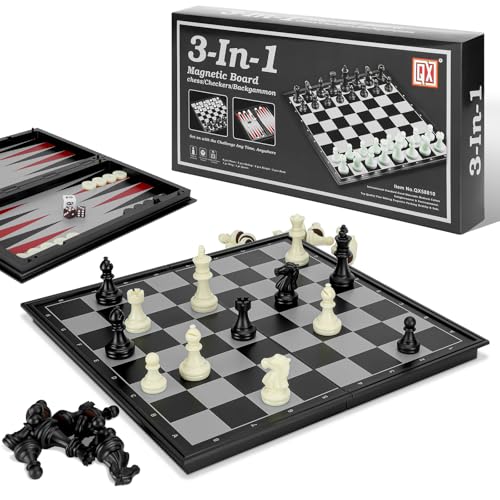HDRNT Schachspiel Magnetisch, 3-in-1 Schachspiel Hochwertig,Einklappbar Schachbrett Schach für Kinder ab 6 Jahre， Reiseschachspiel mit tragbarem Aufbewahrungsschachbrett，Schwarz und Weiß 32 × 32 cm von HDRNT