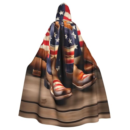 Amerikanische Flagge mit Cowboystiefeln Druck Halloween Kapuzenumhang für Damen Herren Hexenumhang Robe Karneval Cosplay Kostüm Partys Schwarz von HDSKFNS