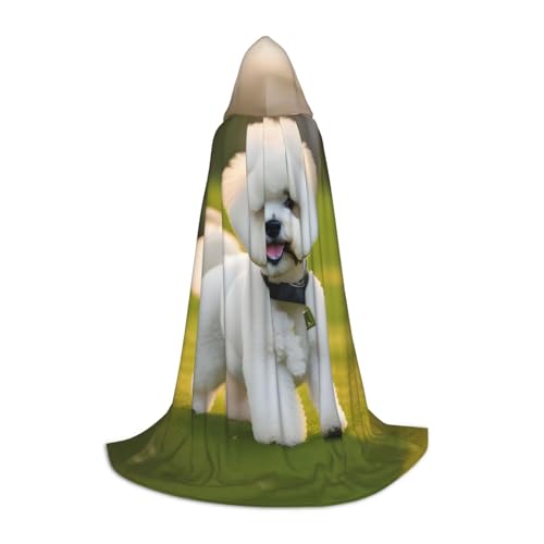 Bichon Frisé-Hund auf dem Gras-Druck, Halloween-Kapuzenumhang, Maskerade, Cosplay-Kostüm, Unisex, Hexenmantel mit Kapuze, Schwarz, Large von HDSKFNS
