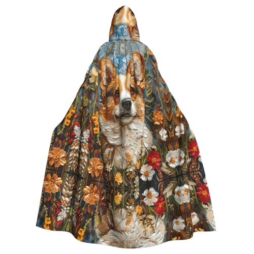 Corgi Kapuzenumhang mit Blumenmuster, Frühlingsgarten, Halloween-Umhang für Damen und Herren, Hexenumhang, Robe, Karneval, Cosplay, Kostüm, Partys, Schwarz von HDSKFNS
