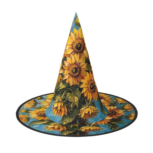 HDSKFNS Ölgemälde Sonnenblumen-Druck, Halloween, Hexenhut, Zaubererhut für Partys, perfektes Accessoire für Kostüme, Urlaubsparty von HDSKFNS
