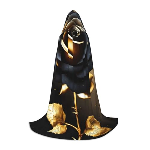 HDSKFNS Schwarzer und goldener Blumendruck, Halloween-Kapuzenumhang, Maskerade, Cosplay-Kostüm, Unisex, Hexenmantel mit Kapuze, Umhang, Schwarz, Large von HDSKFNS