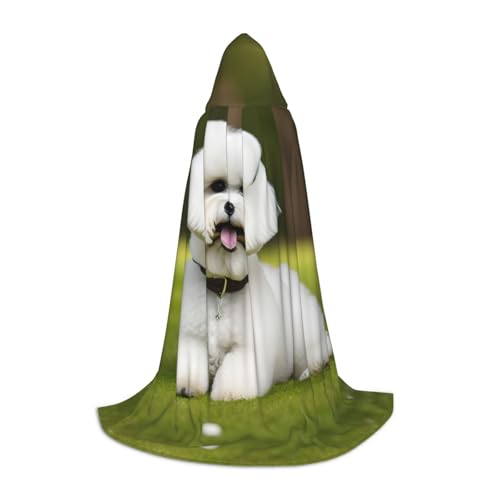 HDSKFNS Süßer Bichon Frisé-Hunde-Aufdruck, Halloween-Kapuzenumhang, Maskerade, Cosplay-Kostüm, Unisex, Hexenmantel mit Kapuze, Schwarz, Small von HDSKFNS