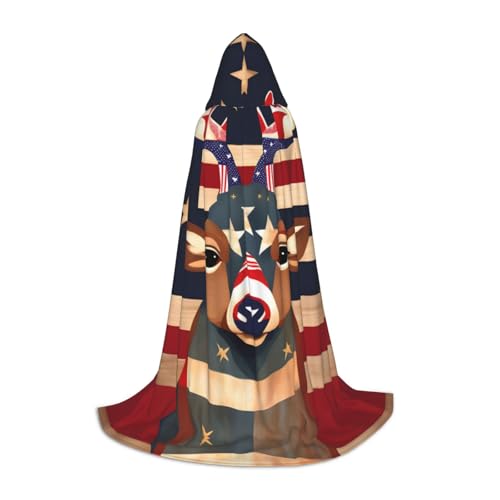 HDSKFNS Umhang mit amerikanischer Flagge, Hirschdruck, Halloween, Kapuzenumhang, Maskerade, Cosplay-Kostüm, Unisex, Hexenmantel mit Kapuze, Schwarz, Large von HDSKFNS