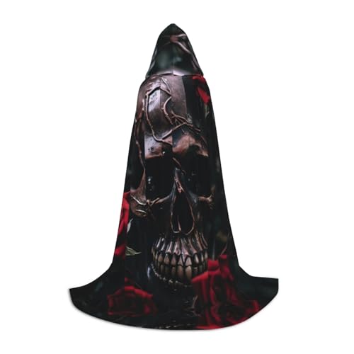 Halloween-Kapuzenumhang mit Totenkopf und roter Rose, Maskerade, Cosplay-Kostüm, Unisex, Hexenmantel, Umhang mit Kapuze, Schwarz, Large von HDSKFNS