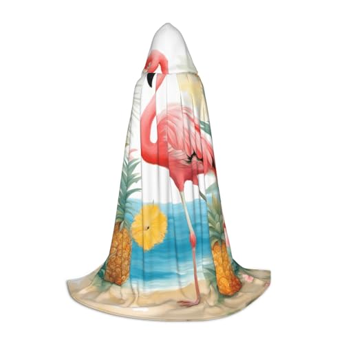 Kapuzenumhang mit Flamingo- und Ananas-Druck, Maskerade, Cosplay-Kostüm, Unisex, Hexenmantel mit Kapuze, Umhang, Schwarz, Medium von HDSKFNS