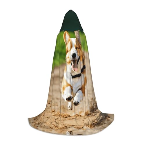Süßer Corgi-Druck, Halloween-Kapuzenumhang, Maskerade, Cosplay-Kostüm, Unisex, Hexenmantel mit Kapuze, Schwarz, Small von HDSKFNS