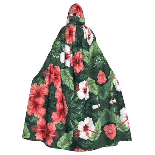 Vegetation Leaves with Hibiscus Flowers01 Print Halloween Hooded Cloak for Women Men Witch Cape Robe Carnival Cosplay Costume Parties Black von HDSKFNS