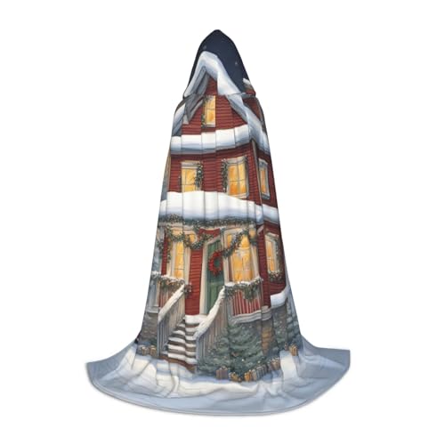 Weihnachtsdorfhaus-Druck, Halloween-Kapuzenumhang, Maskerade, Cosplay-Kostüm, Unisex, Hexenmantel mit Kapuze, Umhang, Schwarz, Large von HDSKFNS