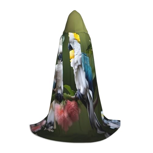 Wunderschöner Kakadu-Vogel-Blumendruck, Halloween-Kapuzenumhang, Maskerade, Cosplay-Kostüm, Unisex, Hexenmantel mit Kapuze, Umhang, Schwarz, Large von HDSKFNS