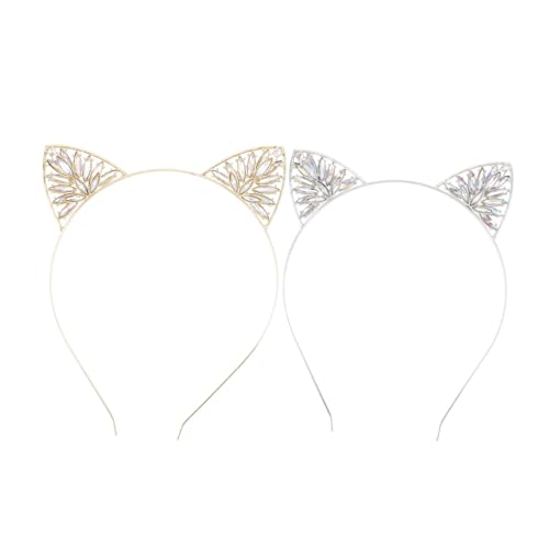 HEALEEP 2 Stück Katzenohren Haarreifen mit Glitzer Niedliche Haaraccessoires für Mädchen für Partys Cosplay und Alltägliches Tragen Weiß und Gold von HEALEEP